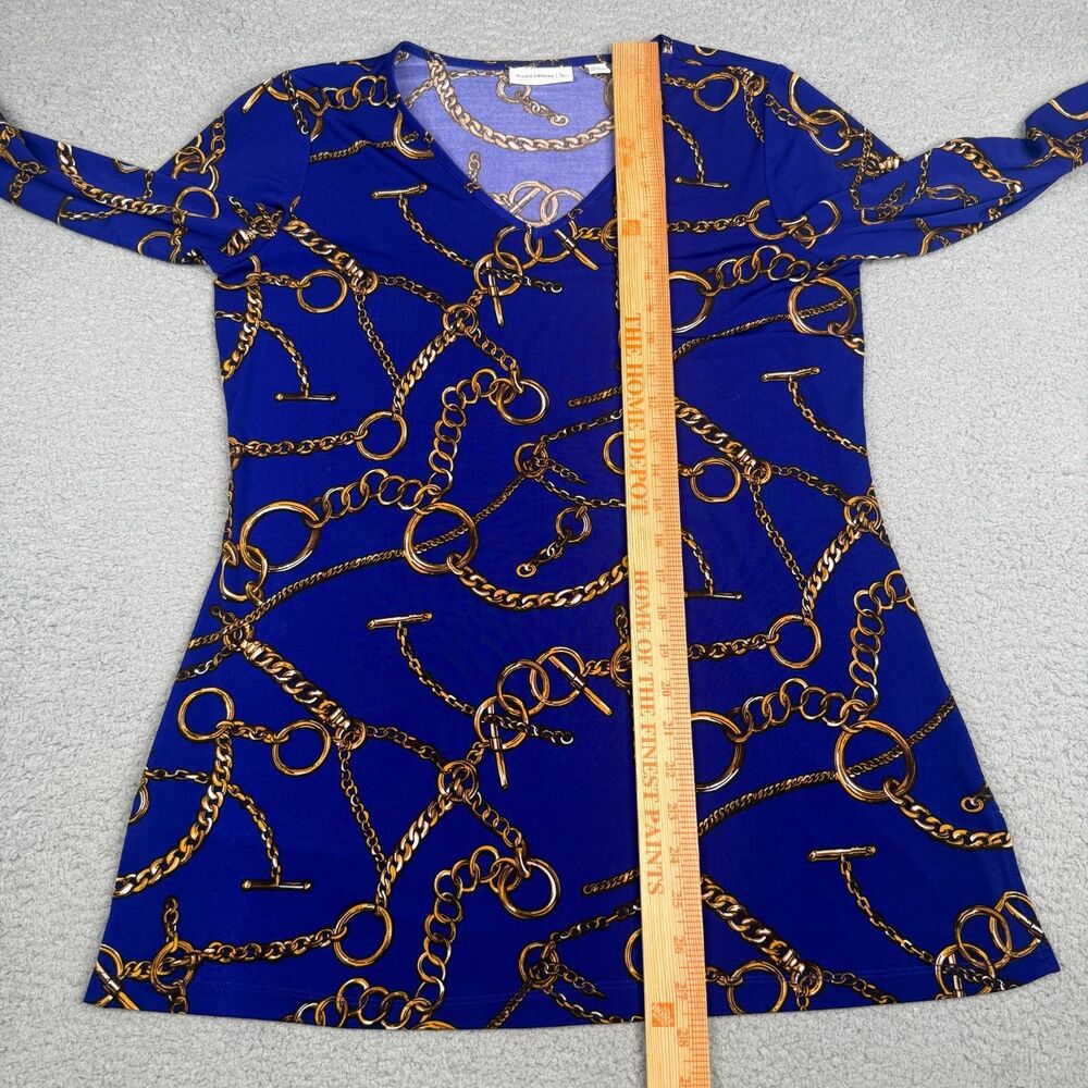Susan Graver Liquid Knit Top Womens XS Blue Equestrian Chain Print V Neck Tunic - Picture 8 of 11